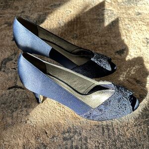 Adrianna Papell Jude Navy Lace Fabric Peep-Toe Heels
